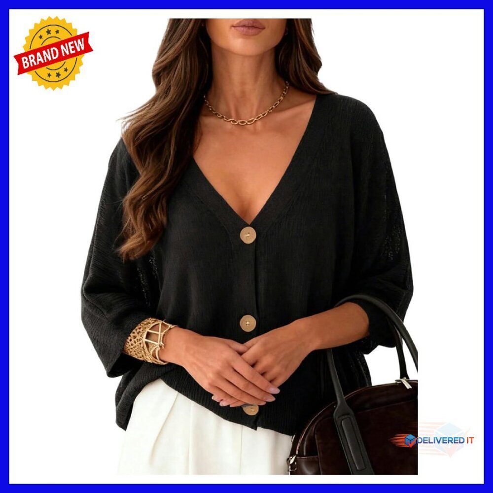 Lightweight 3/4 Sleeve V-Neck Button Cardigan Sweater - Loose Fit